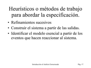 Heurísticos o métodos de trabajo para abordar la especificación. Refinamientos sucesivos Construir el sistema a partir de las salidas. Identificar el modelo esencial a partir de los eventos que hacen reaccionar al sistema. Introducción al Análisis Estructurado Pág.  