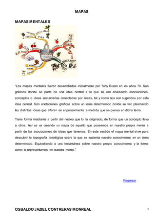 MAPAS
OSBALDO JAZIEL CONTRERAS MONREAL 3
MAPAS MENTALES
“Los mapas mentales fueron desarrollados inicialmente por Tony Buzan en los años 70. Son
gráficos donde se parte de una idea central a la que se van añadiendo asociaciones,
conceptos o ideas secundarias conectadas por líneas, tal y como nos son sugeridos por esta
idea central. Son anotaciones gráficas sobre un tema determinado donde se van plasmando
las distintas ideas que afloran en el pensamiento a medida que se piensa en dicho tema.
Tiene forma irradiante a partir del núcleo que lo ha originado, de forma que un concepto lleva
a otros. Así se va creando un mapa de aquello que poseemos en nuestra propia mente a
partir de las asociaciones de ideas que tenemos. En este sentido el mapa mental sirve para
descubrir la topografía ideológica sobre la que se sustenta nuestro conocimiento en un tema
determinado. Equivaliendo a una instantánea sobre nuestro propio conocimiento y la forma
como lo representamos en nuestra mente.”
Regresar
 