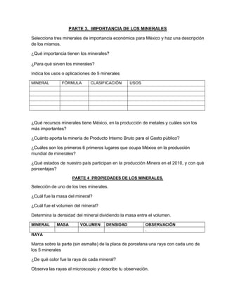 PARTE 3. IMPORTANCIA DE LOS MINERALES

Selecciona tres minerales de importancia económica para México y haz una descripción
de los mismos.

¿Qué importancia tienen los minerales?

¿Para qué sirven los minerales?

Indica los usos o aplicaciones de 5 minerales

MINERAL        FÓRMULA        CLASIFICACIÓN      USOS




¿Qué recursos minerales tiene México, en la producción de metales y cuáles son los
más importantes?

¿Cuánto aporta la minería de Producto Interno Bruto para el Gasto público?

¿Cuáles son los primeros 6 primeros lugares que ocupa México en la producción
mundial de minerales?

¿Qué estados de nuestro país participan en la producción Minera en el 2010, y con qué
porcentajes?

                    PARTE 4 PROPIEDADES DE LOS MINERALES.

Selección de uno de los tres minerales.

¿Cuál fue la masa del mineral?

¿Cuál fue el volumen del mineral?

Determina la densidad del mineral dividiendo la masa entre el volumen.

MINERAL     MASA        VOLUMEN       DENSIDAD           OBSERVACIÓN
                                                         .
RAYA

Marca sobre la parte (sin esmalte) de la placa de porcelana una raya con cada uno de
los 5 minerales

¿De qué color fue la raya de cada mineral?

Observa las rayas al microscopio y describe tu observación.
 