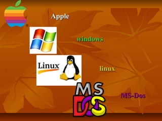 AppleApple
windowswindows
linuxlinux
MS-DosMS-Dos
 