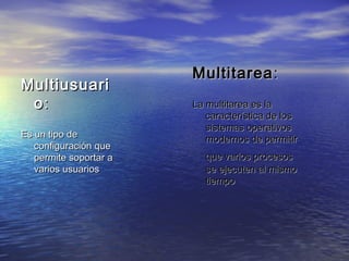 MultiusuariMultiusuari
oo::
Es un tipo deEs un tipo de
configuración queconfiguración que
permite soportar apermite soportar a
varios usuariosvarios usuarios
MultitareaMultitarea::
La multitarea es laLa multitarea es la
característica de loscaracterística de los
sistemas operativossistemas operativos
modernos de permitirmodernos de permitir
que varios procesosque varios procesos
se ejecuten al mismose ejecuten al mismo
tiempotiempo
 