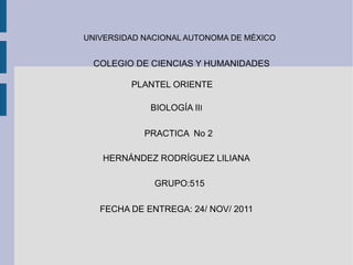 UNIVERSIDAD NACIONAL AUTONOMA DE MÉXICO COLEGIO DE CIENCIAS Y HUMANIDADES  PLANTEL ORIENTE  BIOLOGÍA II I PRACTICA  No 2   HERNÁNDEZ RODRÍGUEZ LILIANA GRUPO:515 FECHA DE ENTREGA: 24/ NOV/ 2011 