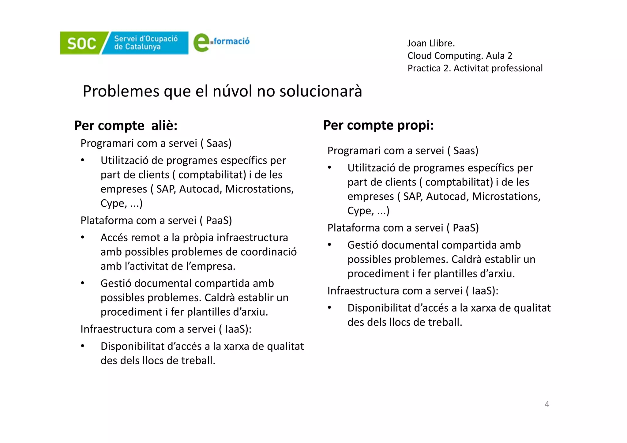 Joan Llibre.
                                                                  Cloud Computing. Aula 2
                                                                  Practica 2. Activitat professional

 Problemes que el núvol no solucionarà
Per compte aliè:                                  Per compte propi:
Programari com a servei ( Saas)
                                                  Programari com a servei ( Saas)
• Utilització de programes específics per
                                                  • Utilització de programes específics per
     part de clients ( comptabilitat) i de les
                                                       part de clients ( comptabilitat) i de les
     empreses ( SAP, Autocad, Microstations,
                                                       empreses ( SAP, Autocad, Microstations,
     Cype, ...)
                                                       Cype, ...)
Plataforma com a servei ( PaaS)
                                                  Plataforma com a servei ( PaaS)
• Accés remot a la pròpia infraestructura
                                                  • Gestió documental compartida amb
     amb possibles problemes de coordinació
                                                       possibles problemes. Caldrà establir un
     amb l’activitat de l’empresa.
                                                       procediment i fer plantilles d’arxiu.
• Gestió documental compartida amb
                                                  Infraestructura com a servei ( IaaS):
     possibles problemes. Caldrà establir un
     procediment i fer plantilles d’arxiu.        • Disponibilitat d’accés a la xarxa de qualitat
                                                       des dels llocs de treball.
Infraestructura com a servei ( IaaS):
• Disponibilitat d’accés a la xarxa de qualitat
     des dels llocs de treball.


                                                                                                       4
 