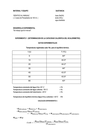 MATERIAL Y EQUIPO                                             SUSTANCIA

“IDENTICO AL MANUAL”                                         base (NaOH)
(- 2 vasos de Precipitados de 100 ml. )                      ácido (HCL)
                                                             agua destilada



DESARROLLO EXPERIMENTAL
“Se trabajo igual al manual”.



   EXPERIMENTO 1 (DETERMINACION DE LA CAPACIDAD CALORIFICA DEL NCALORIMETRO)

                                          DATOS EXPERIMENTALES

                    Temperaturas registradas cada 10s. para el equilibrio térmico.

                      t (s)                                           T (ºC)

                        0                                               44º

                       10                                             44.5º

                       20                                             44.2º

                       30                                               44º

                       40                                             43.5º

                       50                                             43.5º

                       60                                               43º


Temperatura constante del Agua Fria:                                = T1
Temperatura constante del Agua caliente :                           = T1
Temperatura constante del Calorimetro :                             = T1

Temperatura de Equilibrio térmico (Agua Fria y caliente) =          =T2

                                      CALCULOS EXPERIMENTO 1
 