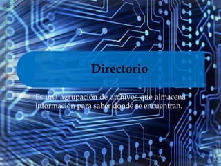 Directorio

Es una agrupación de archivos que almacena
información para saber donde se encuentran.
 