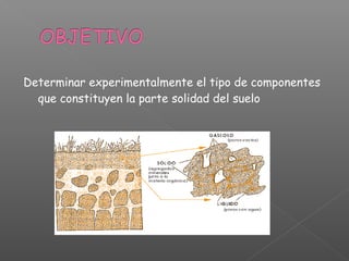Determinar experimentalmente el tipo de componentes
  que constituyen la parte solidad del suelo
 