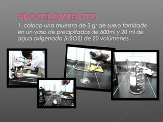   1. coloca una muestra de 3 gr de suelo tamizado
    en un vaso de precipitados de 600ml y 20 ml de
    agua oxigenada (H2O2) de 20 volúmenes .
 