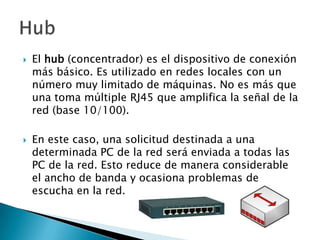    El hub (concentrador) es el dispositivo de conexión
    más básico. Es utilizado en redes locales con un
    número muy limitado de máquinas. No es más que
    una toma múltiple RJ45 que amplifica la señal de la
    red (base 10/100).

   En este caso, una solicitud destinada a una
    determinada PC de la red será enviada a todas las
    PC de la red. Esto reduce de manera considerable
    el ancho de banda y ocasiona problemas de
    escucha en la red.
 