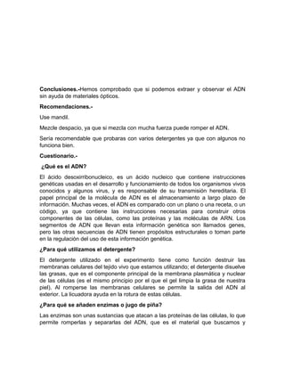 Conclusiones.-Hemos comprobado que si podemos extraer y observar el ADN
sin ayuda de materiales ópticos.
Recomendaciones.Use mandil.
Mezcle despacio, ya que si mezcla con mucha fuerza puede romper el ADN.
Sería recomendable que probaras con varios detergentes ya que con algunos no
funciona bien.
Cuestionario.¿Qué es el ADN?
El ácido desoxirribonucleico, es un ácido nucleico que contiene instrucciones
genéticas usadas en el desarrollo y funcionamiento de todos los organismos vivos
conocidos y algunos virus, y es responsable de su transmisión hereditaria. El
papel principal de la molécula de ADN es el almacenamiento a largo plazo de
información. Muchas veces, el ADN es comparado con un plano o una receta, o un
código, ya que contiene las instrucciones necesarias para construir otros
componentes de las células, como las proteínas y las moléculas de ARN. Los
segmentos de ADN que llevan esta información genética son llamados genes,
pero las otras secuencias de ADN tienen propósitos estructurales o toman parte
en la regulación del uso de esta información genética.
¿Para qué utilizamos el detergente?
El detergente utilizado en el experimento tiene como función destruir las
membranas celulares del tejido vivo que estamos utilizando; el detergente disuelve
las grasas, que es el componente principal de la membrana plasmática y nuclear
de las células (es el mismo principio por el que el gel limpia la grasa de nuestra
piel). Al romperse las membranas celulares se permite la salida del ADN al
exterior. La licuadora ayuda en la rotura de estas células.
¿Para qué se añaden enzimas o jugo de piña?
Las enzimas son unas sustancias que atacan a las proteínas de las células, lo que
permite romperlas y separarlas del ADN, que es el material que buscamos y

 