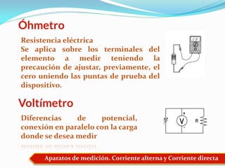 Aparatos de medición. Corriente alterna y Corriente directa
Óhmetro
Voltímetro
Resistencia eléctrica
Se aplica sobre los terminales del
elemento a medir teniendo la
precaución de ajustar, previamente, el
cero uniendo las puntas de prueba del
dispositivo.
Diferencias de potencial,
conexión en paralelo con la carga
donde se desea medir
 