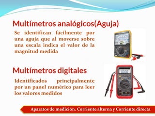 Aparatos de medición. Corriente alterna y Corriente directa
Multímetros analógicos(Aguja)
Multímetros digitales
Se identifican fácilmente por
una aguja que al moverse sobre
una escala indica el valor de la
magnitud medida
Identificados principalmente
por un panel numérico para leer
los valores medidos
 