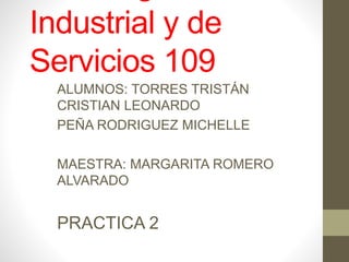 Industrial y de
Servicios 109
ALUMNOS: TORRES TRISTÁN
CRISTIAN LEONARDO
PEÑA RODRIGUEZ MICHELLE
MAESTRA: MARGARITA ROMERO
ALVARADO
PRACTICA 2
 