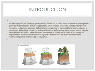INTRODUCCION
•
En este apartado, se pretende que el alumno reconozca al suelo como una mezcla heterogénea a
partir de la identificación de sus componentes, en un nivel de aplicación. Para lo anterior, será
necesario realizar una actividad de laboratorio que permita al alumno obtener evidencias que le
conduzcan a identificar los componentes del suelo para afirmar que este recurso es una mezcla
heterogénea; así mismo, incrementar su destreza en el manejo de equipo de laboratorio, su
capacidad de observación al identificar algunas características del suelo e interpretar la
información para la obtención de conclusiones.
•
 