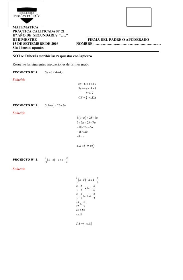 Practica 21 Inecuaciones De Primer Y De Segundo Grado Solucion - 