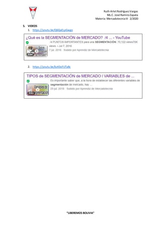 Ruth ArletRodríguezVargas
Ms.C. José RamiroZapata
Materia: MercadotecniaIII 2/2020
“LIBEREMOS BOLIVIA”
5. VIDEOS
1. https://youtu.be/Q6QaELpGwgo
2. https://youtu.be/bzK3oFUTa8c
 