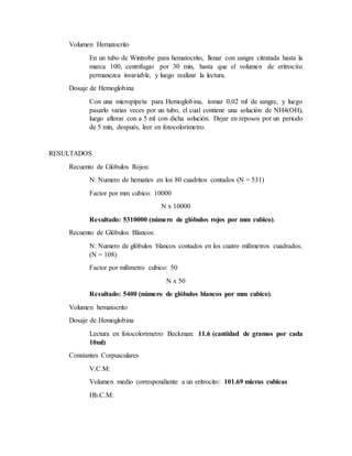 Volumen Hematocrito
En un tubo de Wintrobe para hematocrito, llenar con sangre citratada hasta la
marca 100, centrifugar por 30 min, hasta que el volumen de eritrocito
permanezca invariable, y luego realizar la lectura.
Dosaje de Hemoglobina
Con una micropipeta para Hemoglobina, tomar 0,02 ml de sangre, y luego
pasarlo varias veces por un tubo, el cual contiene una solución de NH4(OH),
luego aflorar con a 5 ml con dicha solución. Dejar en reposos por un periodo
de 5 min, después, leer en fotocolorímetro.
RESULTADOS
Recuento de Glóbulos Rojos:
N: Numero de hematíes en los 80 cuadritos contados (N = 531)
Factor por mm cubico: 10000
N x 10000
Resultado: 5310000 (número de glóbulos rojos por mm cubico).
Recuento de Glóbulos Blancos:
N: Numero de glóbulos blancos contados en los cuatro milímetros cuadrados.
(N = 108)
Factor por milímetro cubico: 50
N x 50
Resultado: 5400 (número de glóbulos blancos por mm cubico).
Volumen hematocrito
Dosaje de Hemoglobina
Lectura en fotocolorímetro Beckman: 11.6 (cantidad de gramos por cada
10ml)
Constantes Corpusculares
V.C.M:
Volumen medio correspondiente a un eritrocito: 101.69 micras cubicas
Hb.C.M:
 