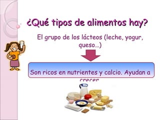 ¿Qué tipos de alimentos hay? El grupo de los lácteos (leche, yogur, queso…) Son ricos en nutrientes y calcio. Ayudan a crecer. 