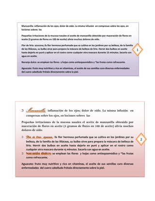 Manzanilla: inflamación de los ojos; dolor de oído. La misma infusión en compresas sobre los ojos, en
lociones sobres las

Pequeñas irritaciones de la mucosa nasales el aceite de manzanilla obtenido por maceración de flores en
aceite (5 gramos de flores en 100 de aceite) alivia muchos dolores de oído.

Flor de lirio: azucena; lis flor hermosa perfumada que se cultiva en los jardines por su belleza, de la familia
de las liliáceas, su bulbo sirve para prepara la máscara de belleza de lirio. Hervir dos bulbos en aceite
                                                                                                                  1
hasta dejarlo en puré y aplicar en el rostro como cualquier otra mascara durante 15 minutos. Sacarla con
agua en aceite.

Naranja dulce: se emplean las flores y hojas como antiespasmódico y “las frutas como refrescante.

Aguacate: fruto muy nutritivo y rico en vitaminas, el aceite de sus semillas cura diversas enfermedades
del cuero cabelludo frótalo directamente sobre la piel.




    Manzanilla:           inflamación de los ojos; dolor de oído. La misma infusión en
    compresas sobre los ojos, en lociones sobres las

Pequeñas irritaciones de la mucosa nasales el aceite de manzanilla obtenido por
maceración de flores en aceite (5 gramos de flores en 100 de aceite) alivia muchos
dolores de oído.

    Flor de lirio: azucena;     lis flor hermosa perfumada que se cultiva en los jardines por su
                                                                                                                      2
    belleza, de la familia de las liliáceas, su bulbo sirve para prepara la máscara de belleza de
    lirio. Hervir dos bulbos en aceite hasta dejarlo en puré y aplicar en el rostro como
    cualquier otra mascara durante 15 minutos. Sacarla con agua en aceite.
    Naranja dulce: se emplean las flores y hojas como antiespasmódico y “las frutas
    como refrescante.

Aguacate: fruto muy nutritivo y rico en vitaminas, el aceite de sus semillas cura diversas
enfermedades del cuero cabelludo frótalo directamente sobre la piel.
 