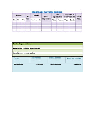 REGISTRO DE FACTURAS EMITIDAS
                                                          IVA         Recargo o
      Fecha                 Cliente
                     N°                     Base      repercutido    equivalencia   Total
                    fra.                  imponible                                 frac.
Día   Mes     Año          Nombre   rfc               Tipo   Cuota   Tipo   Cuota




Fecha de proveedores


Producto o servicio que sumista


Condiciones comerciales


 Precio                    DESCUENTOS            forma de pago          plazo de entrega



 Transporte                     seguros           otros gastos                  servicio
 