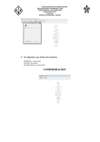 INSTITUCIÓN EDUCATIVA GABRIELA MISTRAL
SERVICIONACIONAL DEAPRENDIZAJE –SENA
INTEGRACIÓN SENA – EDUCACIÓN MEDIA
RESOLUCIÓN N° 01047
07:09:2010
BELÉN DE LOS ANDAQUÍES -CAQUETÁ
4. Un algoritmo que divida dos números
ENTRADA: num1/num2
SALIDA: Resultado
Resultado/Proceso:num1/num2
COMPROBACION
 