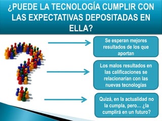 ¿PUEDE LA TECNOLOGÍA CUMPLIR CON
 LAS EXPECTATIVAS DEPOSITADAS EN
              ELLA?
                      Se esperan mejores
                     resultados de los que
                            aportan

                    Los malos resultados en
                      las calificaciones se
                     relacionarían con las
                       nuevas tecnologías

                    Quizá, en la actualidad no
                      la cumpla, pero… ¿la
                     cumplirá en un futuro?
 