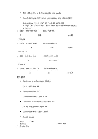    730 – 685.5 = 44.5 gr de finos perdidos en el lavado

         Módulo de finura = %retenido acumulado de serie estándar/100

         Serie estándar: 3‘’,1 ½ ‘’, ¾ ‘’, 3/8 ‘’, 4, 8, 16, 30, 50, 100
         M.F.=(0+2.46+27.41+50.41+51.86+61.03+73.36+84.18+92.75+96.51)/100
         M.F.=5.3997
o     D10= 0.59-0.30=0.29              15.82-7.25=8.97

      X                        5.82                                      x=0.19

    D10=0.4

o     D60= 19.10-12.70=6.4            72.59-52.54=20.05

                          X                    12.59                     x=3.93

    D60=15.17

o     D30= 2.38-1.19=1.19               38.97-26.64=12.33

                  X                             8.97x=0.87

    D30=1.51

o     D95=     38.10-25.40=12.7         97.54-94.49=3.05

                      X                        2.54                      x=10.05

D95=28.05

         Coeficiente de uniformidad = D60/D10

          C.u.=15.17/0.4=37.93

         Diámetro máximo: D95

          Diámetro máximo = D95 = 28.05

         Coeficiente de curvatura: (D30)²/D60*D10

          C.c. = (1.51) ²/(15.17*0.4) = 0.38

         Diámetro efectivo = D10 = 0.2 mm

         % árido grueso:

     7385          100
     3830 x3                                                 X3=51.85%
    % árido fino:
 