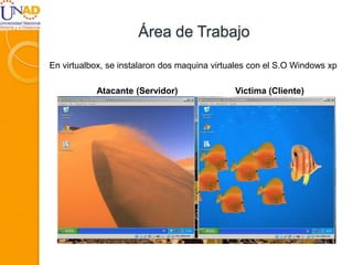 Área de Trabajo
En virtualbox, se instalaron dos maquina virtuales con el S.O Windows xp
Atacante (Servidor) Victima (Cliente)
 