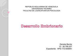 REPÚBLICA BOLIVARINA DE VENEZUELA
UNIVERSIDAD YACAMBÚ
FACULTAD DE LICENCIATURA EN PSICOLOGIA
Daniela Benite
CI. 26.799.257
Expediente: HPS-172-00089V
 