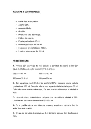 MATERIAL Y EQUIPO BASICO.
 Leche fresca de prueba.
 Alcohol 96%.
 Agua destilada.
 Gradilla.
 Pinza para tubo de ensaye.
 2 tubos de ensaye.
 Pipeta graduada de 10 ml.
 Probeta graduada de 100 ml.
 3 vasos de precipitados de 100 ml.
 2 matraz erlenmeyer de 125 ml.
PROCEDIMIENTO.
1.- Primero con una “regla de tres” calcular la cantidad de alcohol a diluir con
agua destilada para poder obtener 50 ml de ambos.
96%--------50 ml 96%--------50 ml
72%--------37.5 ml 68%------35.4 ml
2.- Con una pipeta medir 37.5 ml de alcohol al 96% y colocarlo en una probeta
graduada de 100 ml. Después rellenar con agua destilada hasta llegar a 50 ml.
Colocarlo en un matraz erlenmeyer. De esta manera obtenemos el alcohol al
72%.
3.- Hacer el mismo procedimiento del paso dos para obtener alcohol al 68%.
Disminuir los 37.5 ml de alcohol al 96% a 35.4 ml.
4.- En la gradilla colocar dos tubos de ensaye y a cada uno colocarle 3 ml de
leche fresca de prueba.
5.- En uno de los tubos de ensaye con 3 ml de leche, agregar 3 ml de alcohol al
68%.
 