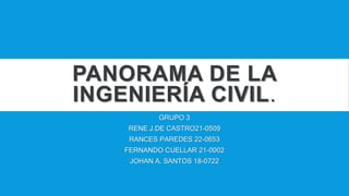 PANORAMA DE LA
INGENIERÍA CIVIL.
GRUPO 3
RENE J.DE CASTRO21-0509
RANCES PAREDES 22-0653
FERNANDO CUELLAR 21-0002
JOHAN A. SANTOS 18-0722
 