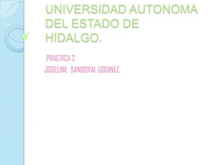 UNIVERSIDAD AUTONOMA
DEL ESTADO DE
HIDALGO.
 PRACTICA 2
JOSELINE SANDOVAL GODINEZ.
 