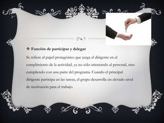  Función de participar y delegar
Se refiere al papel protagónico que juega el dirigente en el
cumplimiento de la actividad, ya no sólo orientando al personal, sino
cumpliendo con una parte del programa. Cuando el principal
dirigente participa en las tareas, el grupo desarrolla un elevado nivel
de motivación para el trabajo.
 