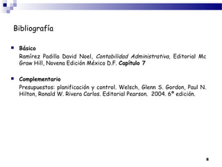 Bibliografía


Básico
Ramírez Padilla David Noel, Contabilidad Administrativa, Editorial Mc
Graw Hill, Novena Edición México D.F. Capítulo 7



Complementario
Presupuestos: planificación y control. Welsch, Glenn S. Gordon, Paul N.
Hilton, Ronald W. Rivera Carlos. Editorial Pearson. 2004. 6ª edición.

8

 
