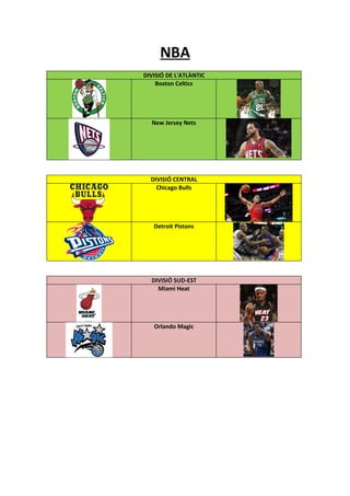 NBA
DIVISIÓ DE L'ATLÀNTIC
    Boston Celtics




  New Jersey Nets




  DIVISIÓ CENTRAL
    Chicago Bulls




   Detroit Pistons




  DIVISIÓ SUD-EST
    Miami Heat




   Orlando Magic
 