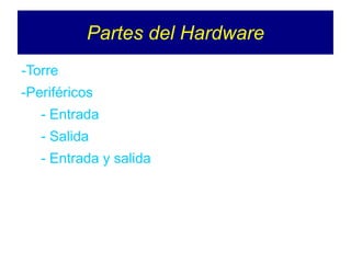 Partes del Hardware
-Torre
-Periféricos
- Entrada
- Salida
- Entrada y salida
 