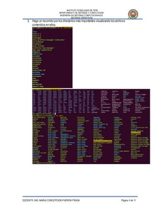 INSTITUTO TECNOLOGICO DE TEPIC
DEPARTAMENTO DE SISTEMAS Y COMPUTACION
INGENIERIA EN SISTEMAS COMPUTACIONALES
SISTEMAS OPERATIVOS
DOCENTE: ING. MARIA CONCEPCION PADRON FRAGA Página 4 de 11
3. Haga un recorrido por los directorios más importantes visualizando los archivos
contenidos en ellos.
 