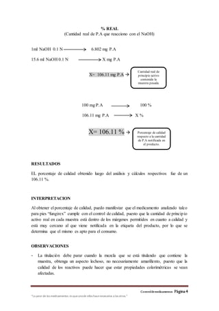 Controldemedicamentos Página 4
“Lo peor de los medicamentos es queunode ellos hacenecesarios a las otros.”
% REAL
(Cantidad real de P.A que reacciono con el NaOH)
1ml NaOH 0.1 N 6.802 mg P.A
15.6 ml NaOH 0.1 N X mg P.A
X= 106.11 mg P.A 
100 mg P.A 100 %
106.11 mg P.A X %
X= 106.11 % 
RESULTADOS
EL porcentaje de calidad obtenido luego del análisis y cálculos respectivos fue de un
106.11 %.
INTERPRETACION
Al obtener el porcentaje de calidad, puedo manifestar que el medicamento analizado talco
para pies “fungirex” cumple con el control de calidad, puesto que la cantidad de principio
activo real en cada muestra está dentro de los márgenes permitidos en cuanto a calidad y
está muy cercano al que viene notificada en la etiqueta del producto, por lo que se
determina que el mismo es apto para el consumo.
OBSERVACIONES
- La titulación debe parar cuando la mezcla que se está titulando que contiene la
muestra, obtenga un aspecto lechoso, no necesariamente amarillento, puesto que la
calidad de los reactivos puede hacer que estar propiedades colorimétricas se vean
afectadas.
Cantidad real de
principio activo
contenida la
muestra pesada.
Porcentaje de calidad
respecto a la cantidad
de P.A notificada en
el producto.
 