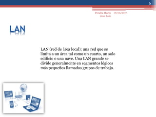 06/05/2017
6
Peralta Marin
Jose Luis
LAN (red de área local): una red que se
limita a un área tal como un cuarto, un solo
edificio o una nave. Una LAN grande se
divide generalmente en segmentos lógicos
más pequeños llamados grupos de trabajo.
 