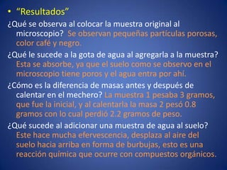 • “Resultados”
¿Qué se observa al colocar la muestra original al
microscopio? Se observan pequeñas partículas porosas,
color café y negro.
¿Qué le sucede a la gota de agua al agregarla a la muestra?
Esta se absorbe, ya que el suelo como se observo en el
microscopio tiene poros y el agua entra por ahí.
¿Cómo es la diferencia de masas antes y después de
calentar en el mechero? La muestra 1 pesaba 3 gramos,
que fue la inicial, y al calentarla la masa 2 pesó 0.8
gramos con lo cual perdió 2.2 gramos de peso.
¿Qué sucede al adicionar una muestra de agua al suelo?
Este hace mucha efervescencia, desplaza al aire del
suelo hacia arriba en forma de burbujas, esto es una
reacción química que ocurre con compuestos orgánicos.

 