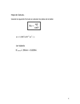 Hoja de Calculo.

Usando la siguiente formula se calculan los datos de la tabla:


                                    4Q
                            Re =
                                   υπD


       υ = 1.067 x10 −6 m 2 / s



      1er tubería

      D   interno   = 29mm = 0.029m




                                                                 9
 