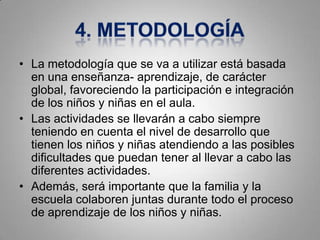 • La metodología que se va a utilizar está basada
  en una enseñanza- aprendizaje, de carácter
  global, favoreciendo la participación e integración
  de los niños y niñas en el aula.
• Las actividades se llevarán a cabo siempre
  teniendo en cuenta el nivel de desarrollo que
  tienen los niños y niñas atendiendo a las posibles
  dificultades que puedan tener al llevar a cabo las
  diferentes actividades.
• Además, será importante que la familia y la
  escuela colaboren juntas durante todo el proceso
  de aprendizaje de los niños y niñas.
 