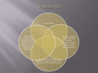 Características:

Ofrece a los
autores una
manera de eludir la
industria editorial
para que puedan
llevar sus libros al
mercado más
rápidamente.

Permite a cualquier
usuario publicar,
distribuir,
compartir ensayos,
poemas, novelas,
manuales técnicos,
libros electrónicos.

Los usuarios pueden taggear los
documentos para que sea más fácil su
búsqueda, armar grupos de gente.

 