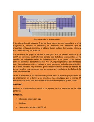 Grupos y periodos en la tabla periodica
A los elementos del subgrupo A se les llama elementos representativos; y a los
subgrupos B, metales (o elementos) de transición. Los elementos que se
encuentran en la parte inferior de la tabla se llaman metales de transición interna y
son los lantánidos y los actínidos.
Los elementos del grupo IA, excepto el hidrogeno, son los metales alcalinos, y los
del IIA los elementos alcalinotérreos. Del otro lado de la tabla se encuentran los no
metales: los calcogenos (VIA), los halógenos (VIIA) y los gases nobles (VIIIA).
Entre los elementos de las familias IIIA, IVA, VA, algunos presentan características
tanto de metales como de no metales, a estos elementos se les llama metaloides.
En la tabla periodica hay una línea gruesa escalonada que divide los metales de
los no metales. Los elementos que se encuentran inmediatos a los lados de la
línea son metaloides.
De los 109 elementos. 92 son naturales (dos de ellos, el tecnecio y el prometió, no
se encontraron en la tierra) y los científicos han sintetizado por lo menos 17
elementos que están mas allá del elemento natural más pesado que es uranio.
OBJETIVO
Analizar el comportamiento químico de algunos de los elementos de la tabla
periódica.
MATERIAL
 6 tubos de ensayo con tapa
 3 goteros
 2 vasos de precipitado de 100 ml
 