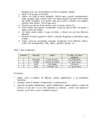 5
obtenidas) en un vaso de precipitados de 250 ml o recipiente mediano.
2. Medir 33 ml de agua en la probeta.
3. Añadir a los 100gr de azúcar impalpable 10ml de agua y mezclar consistentemente,
seguir agregando agua y mezclar (mejor con batidor pequeño tipo globo) hasta obtener
una mezcla homogénea y sin grumos, hasta que el azúcar se disuelva por completo,
adicionar hasta máximo 33ml de agua aprox.
4. Proceder con cada una de las muestras como en el punto anterior (3).
5. Puede sustituir otras muestras reemplazando el agua por jugo de limón, de naranja, o
alguna esencia (de vainilla).
6. Así mismo puedo sustituir el agua con leche, y obtener con esta base diferentes
glaseados.
7. Opcional: Proceder a agregar los aditivos a cada tipo de glaceado a cada muestra según
la tabla 1.
8. Evalúe y anote las características sensoriales del glaceado con los diferentes aditivos,
evalúe color, homogeneidad, brillo, fluidez, opacidad, sinéresis, etc.
Tabla 1. Tipos de glaceados
Solución Glaceado Aditivo gr./100gr. de azúcar
impalpable
1 Chocolate Cocoa en polvo 20 a 40gr.aprox.
2 Vainilla Esencia de vainilla 1 a 3 gotas aprox.
3 Café Café diluido 5 ml aprox.
4 Rosa Colorante rojo 1 a 3 gotas aprox.
Cuestionario
1. Indique como se clasifican los diferentes agentes antiglutinantes y sus propiedades
funcionales.
2. Investigue sobre los términos de higroscópico y apelmazamiento
3. ¿Qué tipo de agentes antiadherentes, agentes antiglutinantes, agentes empolvo y agentes de
secado y en qué nivel de uso están aprobadas en alimentos, acorde conla legislación
nacional, con la FDA y con la Comunidad Europea?
 