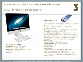 ELEMENTS FISICS A INTERCONNECTAR: 3
CONFIGURACIÓ CONNEXIÓ ORDINADOR AMB TELÈFON MÒBIL
Mac OS X: Versión 10.7.5
Processador :3.1 GHz Intel Core i
Memòria 8 GB 1333 MHz DDR3
Gràfics AMD Radeon HD 6970M 1024 MB
Bus USB d’alta velocitat
Bluetooth
SAMSUNG GALAXY SIII
Xarxa: 2.5G (GSM / GPRS / EDGE): 850/900 / 1800/1900
MHz
3G (HSPA + 21Mbps): 850/900 / 1900/2100 MHz
4G (segons mercats)
Memòria:Memòria d'usuari 16/32 GB (pròximament 64
GB) + ranura microSD (fins a 64 GB)
Serveis i aplicacions:S Beam, Buddy photo share, Share
shot, AllShare Play, AllShare Cast,Smart stay, Social tag,
Group tag, Zoom facial, Reconeixement Facial,Direct
call, Smart alert, Tap to top, Accés ràpid a càmer,
Pop up play, S Voice Burst shot & Best photo, Botó
gravació, HDR
SO:Android 4.0 (Ice Cream Sandwich)
Connectivitat:WiFi a / b / g / n, WiFi HT40
GPS / GLONASS NFC
Bluetooth ® 4.0
Àudio i vídeo :
Còdec d'àudio: MP3, AMR-NB/WB, AAC / AAC + /
eAAC +, WMA, OGG, FLAC, AC-3, apt-X
Codec de vídeo: MPEG4, H.264, H.263, DivX, DivX3.11,
VC-1, VP8, WMV7 / 8 Gravació i reproducció: Full HD
(1080p) càmera
Montse Gonzàlez Sànchez - UOC - Grau Multimèdia - Xarxes Multimèdia – Maig 2013
 