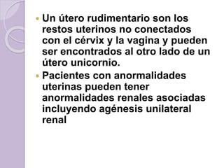  Un útero rudimentario son los 
restos uterinos no conectados 
con el cérvix y la vagina y pueden 
ser encontrados al otro lado de un 
útero unicornio. 
 Pacientes con anormalidades 
uterinas pueden tener 
anormalidades renales asociadas 
incluyendo agénesis unilateral 
renal 
 