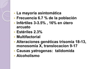  La mayoría asintomática 
 Frecuencia 6.7 % de la población 
 Infértiles 3-3.5% , 16% en útero 
arcuato 
 Estériles 2.3% 
 Multifactorial 
 Alteraciones genéticas trisomia 18-13, 
monosomia X, translocacion 9-17 
 Causas yatrogenas: talidomida 
 Alcoholismo 
 