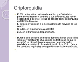 Criptorquidia 
 El 3% de los niños nacidos de término y el 30% de los 
prematuros nacen sin que uno o sus dos testículos hayan 
descendido al escroto, lo que se conoce como criptorquidia 
unilateral o bilateral. 
 El defecto evoluciona a la normalidad en la mayoría de los 
casos: 
 la mitad, en el primer mes postnatal, 
 25% en el transcurso del primer año. 
 
 Durante este período, el médico debe mantener una actitud 
vigilante y localizar la situación de los testículos, lo que le 
permitirá un diagnóstico más preciso, descartando las 
posibilidades de testículo retráctil, testículo ectópico (fuera 
del conducto inguinal) y de agenesias testicular o anorquia. 
 
 