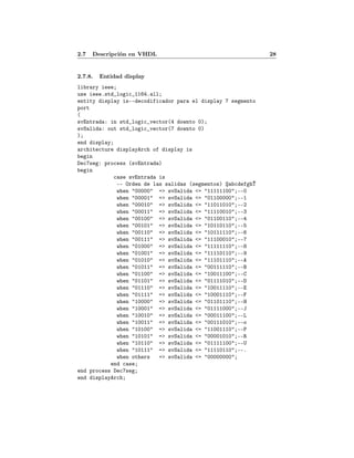 2.7 Descripción en VHDL 28
2.7.8. Entidad display
library ieee;
use ieee.std_logic_1164.all;
entity display is--decodificador para el display 7 segmento
port
(
svEntrada: in std_logic_vector(4 downto 0);
svSalida: out std_logic_vector(7 downto 0)
);
end display;
architecture displayArch of display is
begin
Dec7seg: process (svEntrada)
begin
case svEntrada is
-- Orden de las salidas (segmentos) ŞabcdefghŤ
when "00000" => svSalida <= "11111100";--0
when "00001" => svSalida <= "01100000";--1
when "00010" => svSalida <= "11011010";--2
when "00011" => svSalida <= "11110010";--3
when "00100" => svSalida <= "01100110";--4
when "00101" => svSalida <= "10110110";--5
when "00110" => svSalida <= "10111110";--6
when "00111" => svSalida <= "11100010";--7
when "01000" => svSalida <= "11111110";--8
when "01001" => svSalida <= "11110110";--9
when "01010" => svSalida <= "11101110";--A
when "01011" => svSalida <= "00111110";--B
when "01100" => svSalida <= "10011100";--C
when "01101" => svSalida <= "01111010";--D
when "01110" => svSalida <= "10011110";--E
when "01111" => svSalida <= "10001110";--F
when "10000" => svSalida <= "01101110";--H
when "10001" => svSalida <= "01111000";--J
when "10010" => svSalida <= "00011100";--L
when "10011" => svSalida <= "00111010";--o
when "10100" => svSalida <= "11001110";--P
when "10101" => svSalida <= "00001010";--R
when "10110" => svSalida <= "01111100";--U
when "10111" => svSalida <= "11110110";--.
when others => svSalida <= "00000000";
end case;
end process Dec7seg;
end displayArch;
 