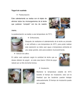 Yogurt sin sustrato
 Pasteurización.
Este calentamiento se realiza con el objeto de
eliminar todos los microorganismos de la leche
que pudieran “competir” con los de nuestro
interés.
La pasteurización se realizo a una temperatura de 75°C.
 Enfriamiento.
Después de realizarse el calentamiento de la leche se procede
a ser enfriada a una temperatura de 45°C, para poder realizar
esta operación se debe usar agua a temperatura ambiente en
una vasija grande, esto para acelerar el procedimiento.
 Adición de cultivo.
El cultivo será aplicado según la cantidad de leche que se
desee obtener de yogurt, en este caso fueron 125ml de yogur
natural por un litro de leche bronca.
 Incubación.
Mantener la temperatura estable de 45°C
durante el tiempo de incubación, esto con la
finalidad que las bacterias puedan trabajar
adecuadamente. El tiempo de incubación puede
ser variable.
 